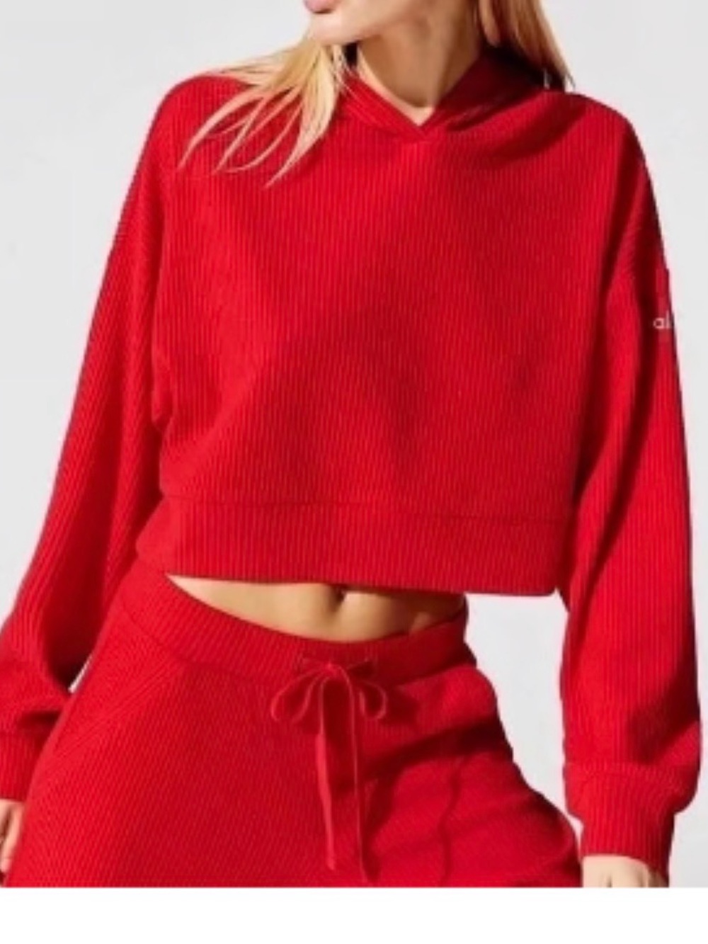 Red Ribbed Cropped Hoodie Top - Unknown Brand